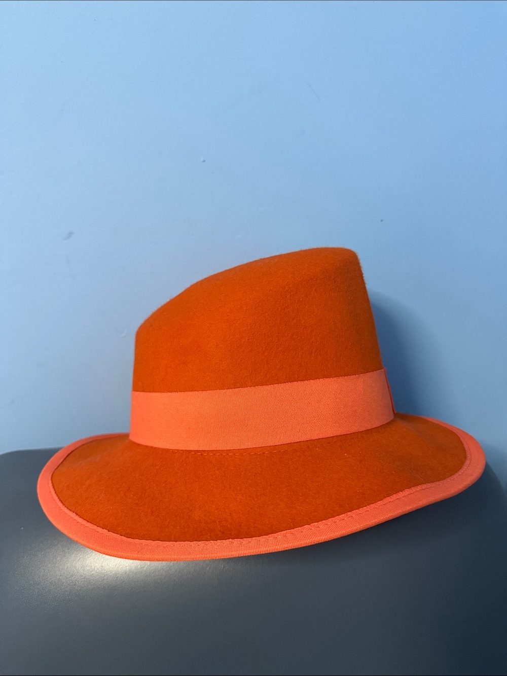 Sassy Jones Bold Orange Angled Fedora with Bow - Picture 2 of 3
